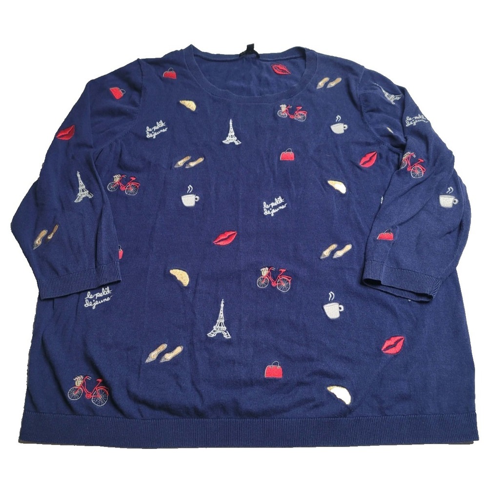 Talbots Woman 1X Paris France Top Light Sweater Blue Embroidered 3/4 Sleeve